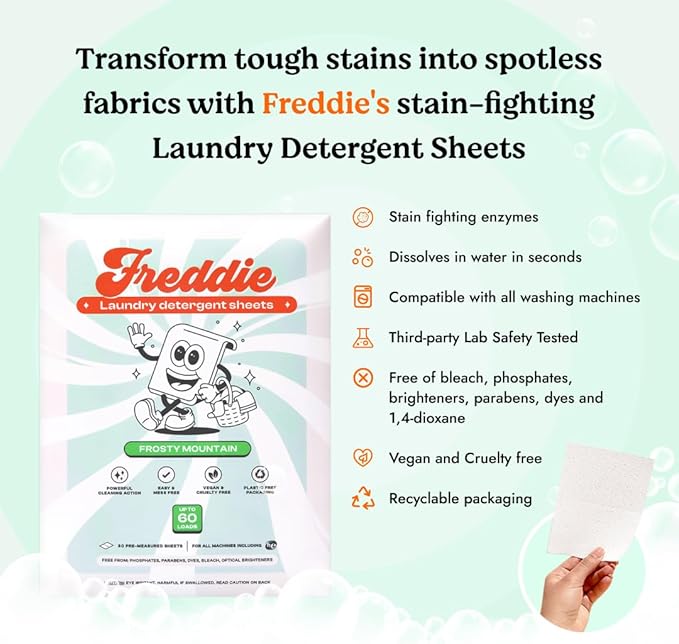 Freddie Laundry Detergent Sheets - Recyclable Packaging - No Mess Strips - 60 Loads - Crisp Frosty Mountain Scent
