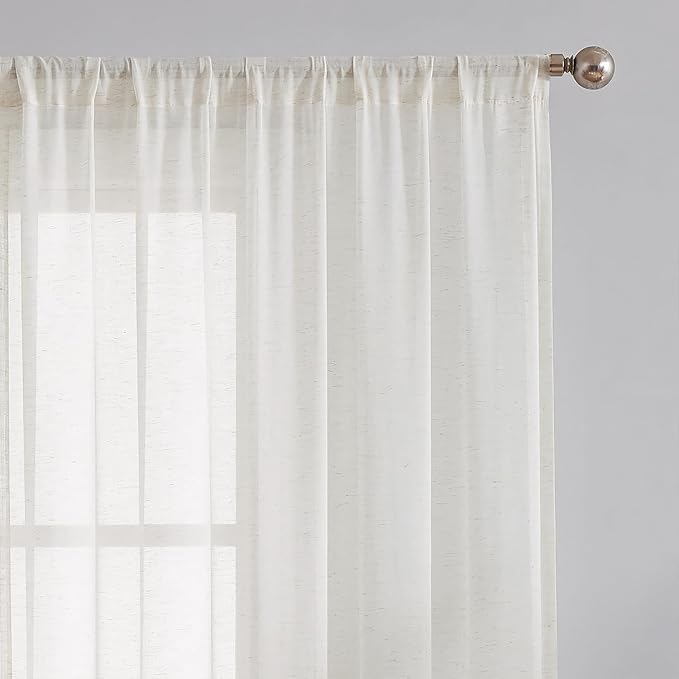 FMFUNCTEX Linen Sheer Curtains for Bedroom, Beige Curtains 54 inch Length for Living Room, Natural Flax Blend Window Draperies for Farmhouse Curtain, Rod Pocket 2 Panels
