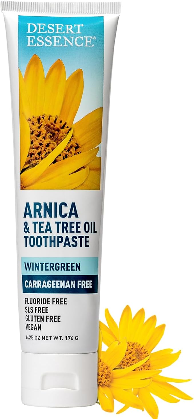 Desert Essence Arnica & Tea Tree Oil Toothpaste – Carrageenan & Fluoride Free – Wintergreen Mint – Vegan, Non-GMO, Gluten-Free – Gently Removes Plaque & Freshens Breath – 6.5 oz