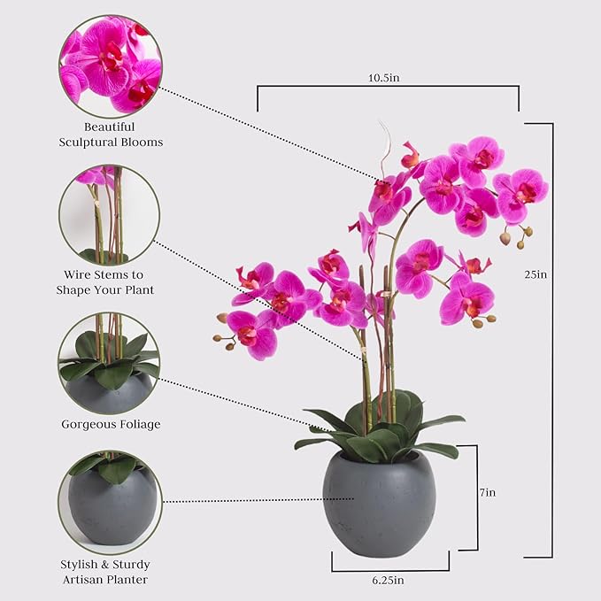 Faux Pink Orchid Plant, Premium Artificial Indoor Flower Display Stands 25-Inches with Beautiful Sculptural Blooms and Foliage That Lasts Forever, Grey Planter Pot Included