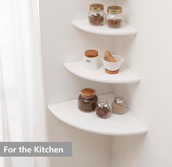 Corner Shelf, Solid Oak Wood Floating Corner Shelf Wall Mount Round End Floating Speaker Shelves with Wire Hole for Small Plant Photo Frame for Bedroom Kitchen, Living Room (White, 7.1in)