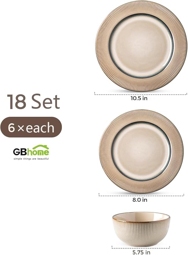 GBHOME Ceramic Dinnerware Sets, 18 Piece Embossed Elegant Stoneware Plates and Bowls Sets, Housewarming Wedding Gift | Dishwasher & Microwave Safe | Dishes Set Service for 8
