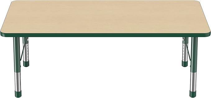 Factory Direct Partners FDP Rectangle Activity School and Classroom Kids Table (36 x 60 inch), Toddler Leg, Adjustable Height 15-24 inches - Maple Top and Green Edge