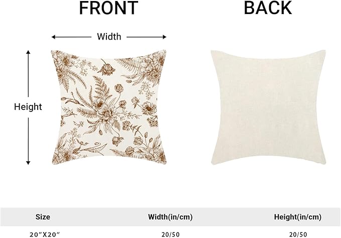 CXMEIFLY Spring Floral Leaves Pillow Covers 20 x 20 Inch Set of 2 for Chinoiserie Flowers Decor Throw Pillows Brown and White Seasonal Plant Outdoor Decorative Cushion Cases for Couch Bed Decorations