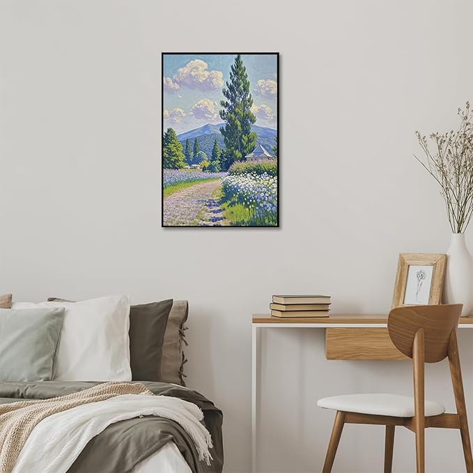 Countryside wildflowers landscape canvas poster natural plant flower artwork retro pastoral flower path suitable for farmhouse decoration