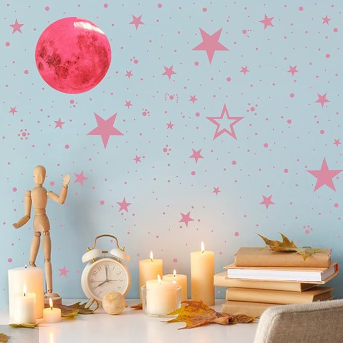Glow in The Dark Stars and Moon Stickers for Ceiling, Luminous Wall Decals Decor for Bedroom Living Room, 407 dots + 27 Stars + 30cm Moon