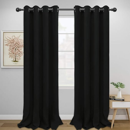 Easy-Going Blackout Curtains for Bedroom, Solid Thermal Insulated Grommet and Noise Reduction Window Drapes, Room Darkening Curtains for Living Room, 2 Panels (52x108 in,Black)