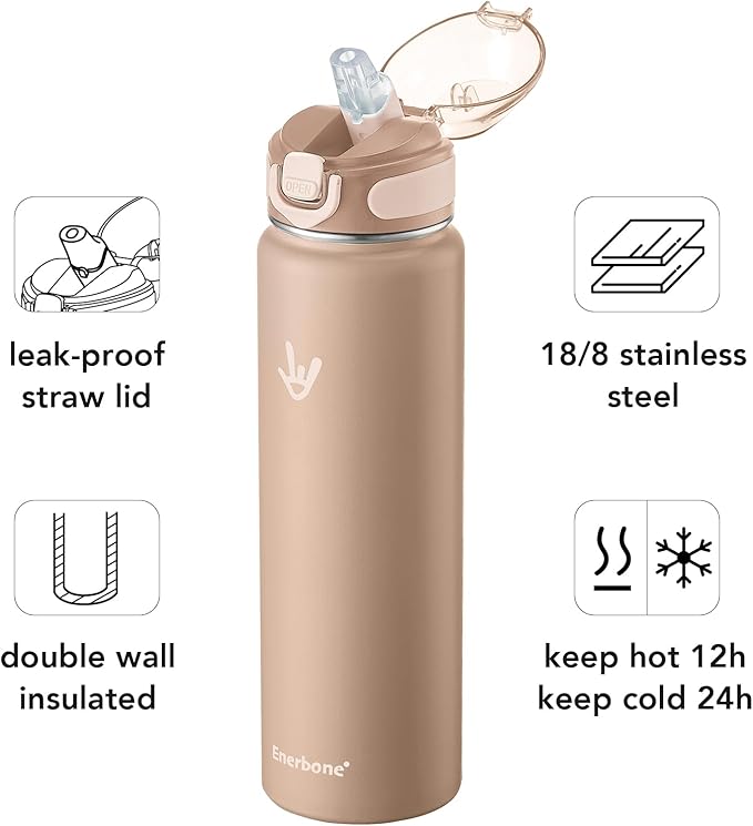Enerbone 32 oz Insulated Water Bottle, Stainless Steel Bottle with Carrying Strap, Double-Wall Vacuum Insulation Design, Leakproof Sports Bottle with Straw, Keep Drinks Cold or Hot for Hours
