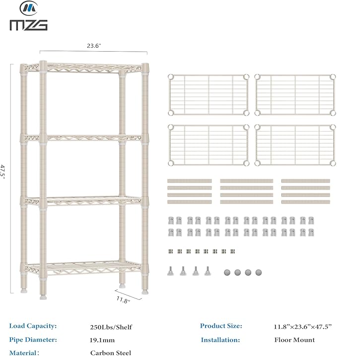 1000 lbs 4-Shelf Standing Storage Shelves Heavy Duty Metal Shelving Unit Adjustable Wire Rack for Office Garage Kitchen, Light Tan 11.8 D x 23.6" W x 47.5" H