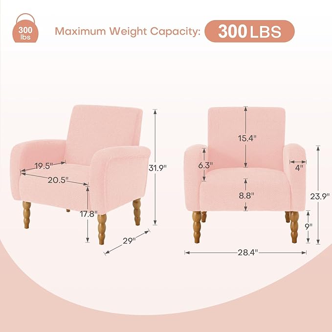 Chenille Fabric Accent Chair, Upholstered Armchair with Solid Wood Legs, Modern Living Room Accent Chair, Comfy Single Sofa Chair Reading Club Chair for Bedroom Reception Lounge, Pink