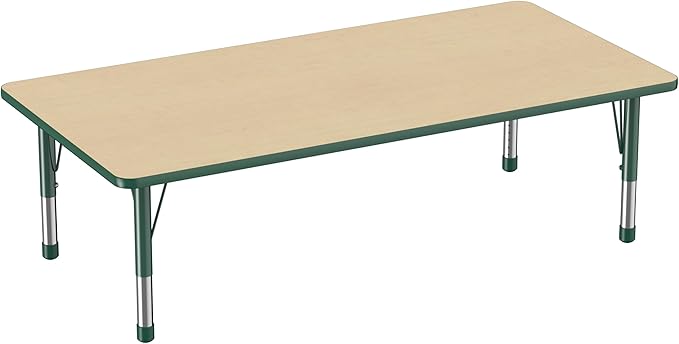 FDP Rectangle Activity School and Classroom Kids Table (36 x 72 inch), Toddler Legs, Adjustable Height 15-24 inches - Maple Top and Green Edge