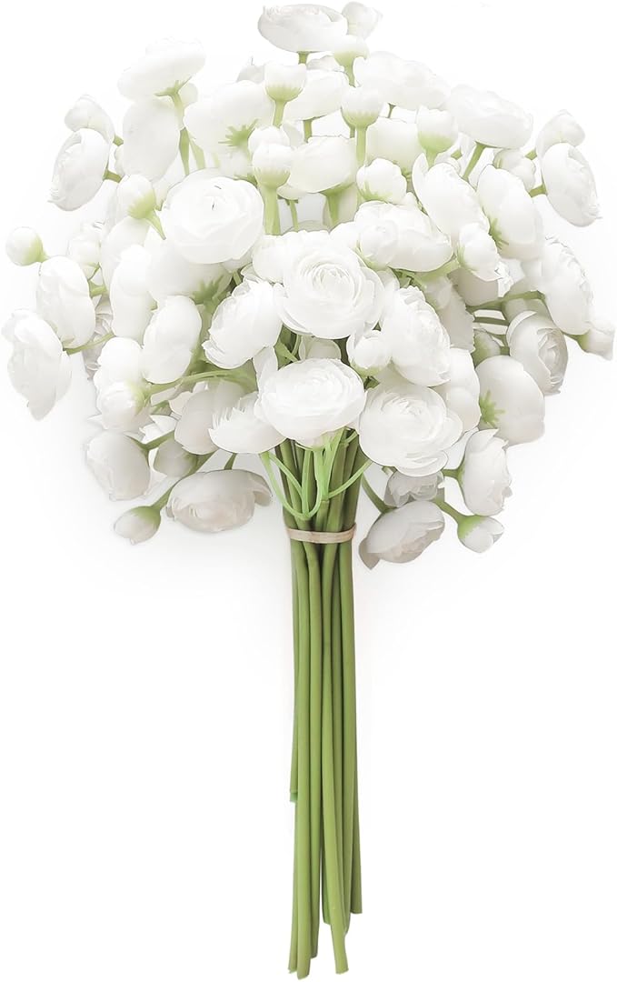 Floroom Ranunculus Artificial Flowers 18 Pcs White Faux Silk Mini Ranunculus Bulk Fake Wedding Filler Flowers for DIY Bouquets, Centerpieces, Bridal Shower Decorations & Arrangements