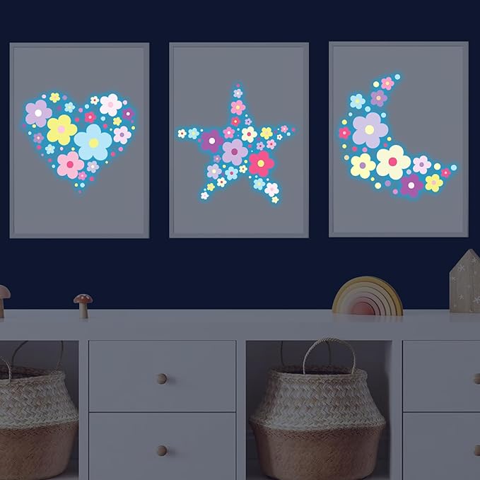 Glow in The Dark Y2k Cute Flowers Wall Decals，Glowing Luminous Colorful Floral Wall Stickers Colorful Removable self-Adhesive Preppy Hippie Stickers for Girls Bedroom