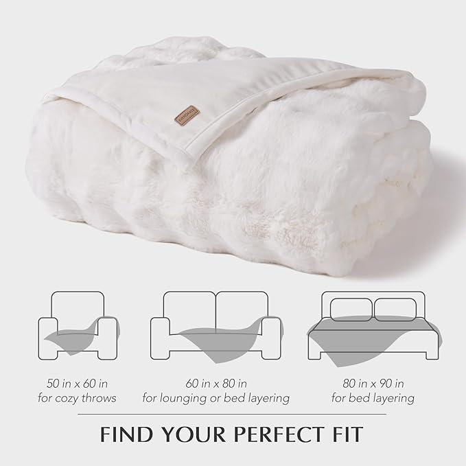 EVERGRACE Ultra Soft Luxury Fluffy Ridgeline Faux Rabbit Fur Throw Blanket, Thick Warm Bubble Throw for Bed, Cozy Plush Reversible Blankets for Couch, Chair, Sofa, Ivory White, 80x90 Inches, 870 GSM