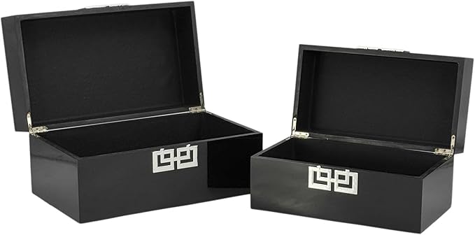 Galt International Storage Box Set Decorative Storage Box w/Hinged Lid Classic Design Wood Decor Boxes with Geometric Clasp Storage for Bedroom & Home - Set of 2 (Black & Silver)