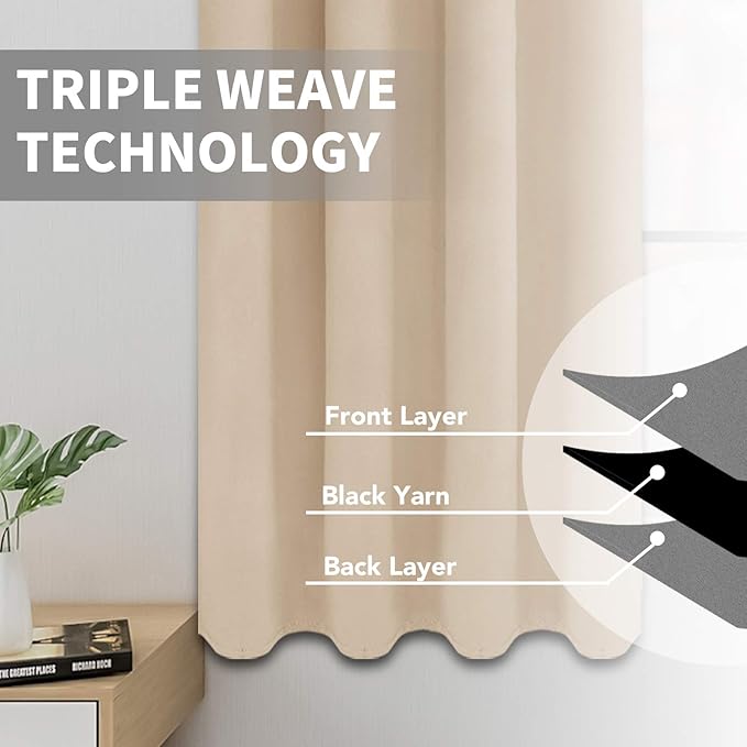 Easy-Going Blackout Curtains for Bedroom, Solid Thermal Insulated Grommet and Noise Reduction Window Drapes, Room Darkening Curtains for Living Room, 2 Panels (52x108 in,Beige)