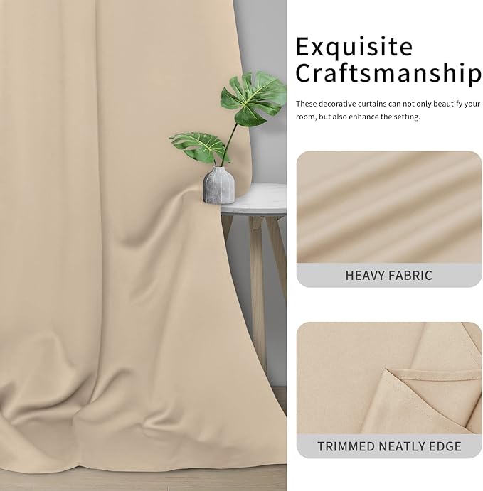 Easy-Going Blackout Curtains for Bedroom, Solid Thermal Insulated Grommet and Noise Reduction Window Drapes, Room Darkening Curtains for Living Room, 2 Panels (42x54 in, Beige)
