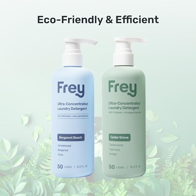 FREY Concentrated Liquid Laundry Detergent | Formulated for Sensitive Skin & HE Washers | Removes Stains Effectively | 50 Loads per Bottle (Cedar Grove & Bergamot Beach)