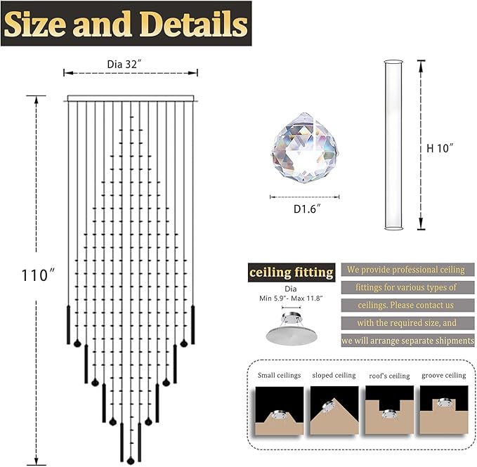 Flashing God D32''X H110'' High Ceiling Chandelier Crystal Raindrop Chandeliers Staircase Large Chandelier Villa Entrance Foyer Ceiling Light High Ceiling Pendant Light Fixture