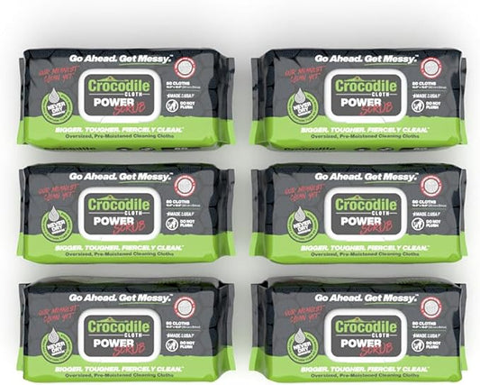 Crocodile Cloth Power Scrub - 6 pack. 480 (15" x 10") Heavy Duty Cleaning Wipes. Safe on Skin & Multiple Surfaces. Infused with Aloe & Vitamin E. Textured, Large, Pre-Moistened & Absorbent.