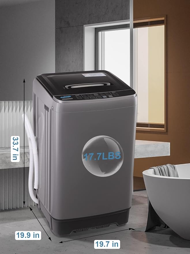 Full-Automatic Washing Machine 17.7 lbs Small Compact Portable 10 Wash Program & 8 Water Level Compact Washer with LED Display Ideal for Apartments, RV, Camping, Grey (KB03-GREY6)