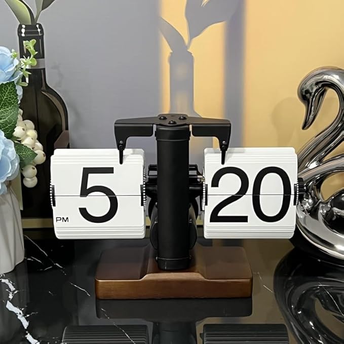 Flip Desk Clock, Retro Vintage Flip Desk Table Clock, Digital Sided Large Numbers Mechanical Flip Clock Wood Base for Living Room, Study Room and Office（Black）