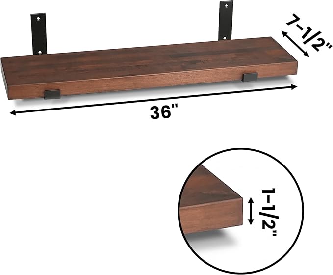 CONSDAN Floating Shelves for Wall Mounted Book Shelf Hanging Shelves Floating Bookshelf for Bedroom, Bathroom, Living Room, Kitchen USA Grown Solid Hardwood, Dark Maple 36x7.5x1.5 in (Set of 3)