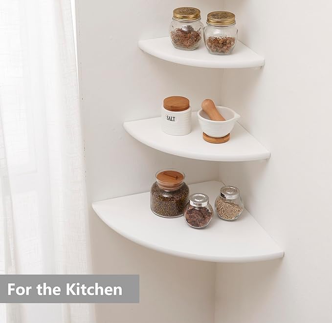 Corner Shelf, White Solid Oak Wood Floating Corner Shelves Wall Mount Round End Floating Speaker Rack Display Shelf for Small Plant Photo Frame (White, 12in)