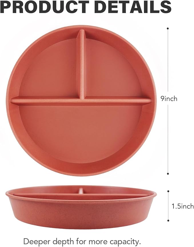 greenandlife 9 Inch 4PCS Portion Control Plates with Lids, Divided Plates for Kids Adults, Dishwasher Microwave Safe Compartment Plate Set, Unbreakable Lightweight Reusable Wheat Straw Plate, Sunset