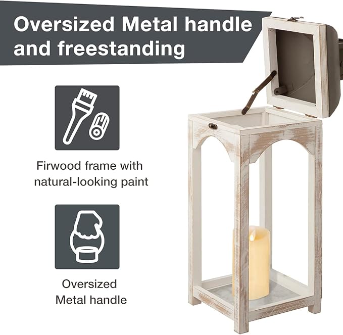 Glitzhome Set of 2 Mondern Farmhouse Wood Metal Lanterns Decorative Candle Lanterns, White (No Glass)