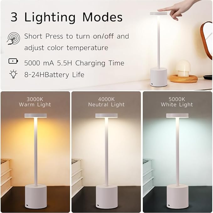 Cordless Table Lamp, 5000mAh Rechargeable Battery Powered LED Desk Lamp, Portable Touch Control Outdoor Table Lamps,3 Color Dimmable Light for Restaurant, Patio, Bedroom, Night Lamp (White)