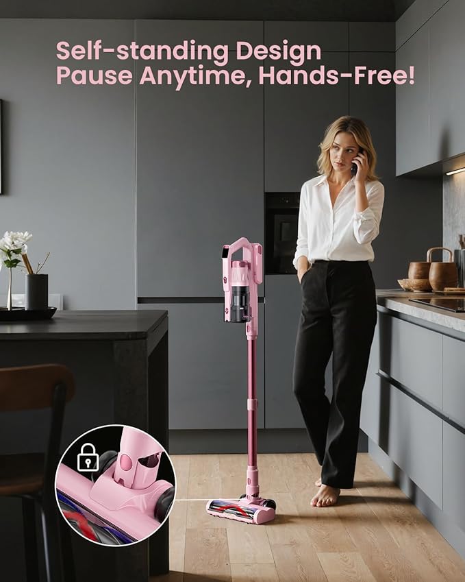 Cordless Vacuum Cleaner for Home, Upgraded 60Kpa Powerful Suction Pet Hair Vacuum with 70min Runtime, Green LED Light for Hardwood Floors & Carpet, Self-Standing Rechargeable Stick Vacuum, Pink