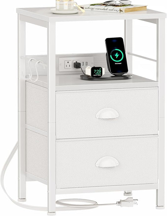 Furologee End Table with Charging Station, Nightstand with Fabric Drawers, Side Tables with USB Ports & Outlets, Night Stand with Storage Shelf & Hooks, for Living Room/Bedroom, White