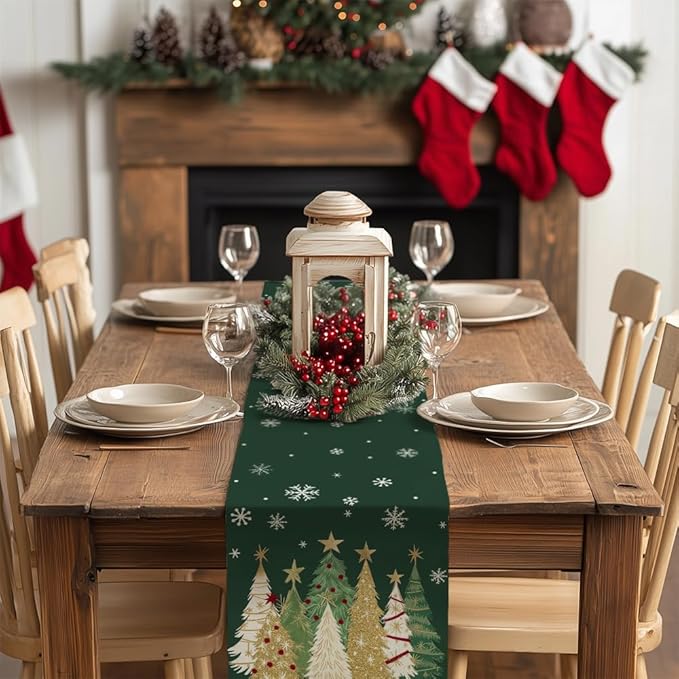 GEEORY Christmas Table Runner 13x48 Inch, Xmas Trees Snowflakes Holiday Decorative Farmhouse Table Decoration for Kitchen Dinning, Indoor Outdoor Dinner Party Decor (Green) GT152-48