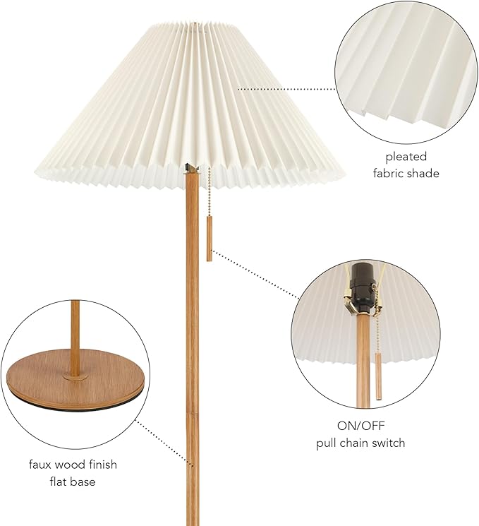 GLOBE Electric 61000053 62" Floor Lamp, Wood-Toned Finish, Pleated Fabric Shade, Pull Chain Switch, Reading Light, E26 Base, Modern Classic Lighting for Living Rooms and Bedrooms