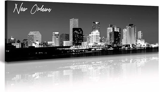 DJSYLIFE New Orlean Canvas Wall Art Decor City Skyline Pictures Poster Artwork Black and White Panorama Cityscape Painting for Bedroom Office Living Room Decoration Ready to Hang 13.8"X47.3"