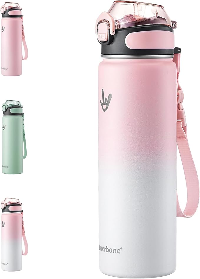 Enerbone 24 oz Insulated Water Bottle, Stainless Steel Bottle with Carrying Strap, Double-Wall Vacuum Insulation Design, Leakproof Sports Bottle with Straw, Keep Drinks Cold or Hot for Hours