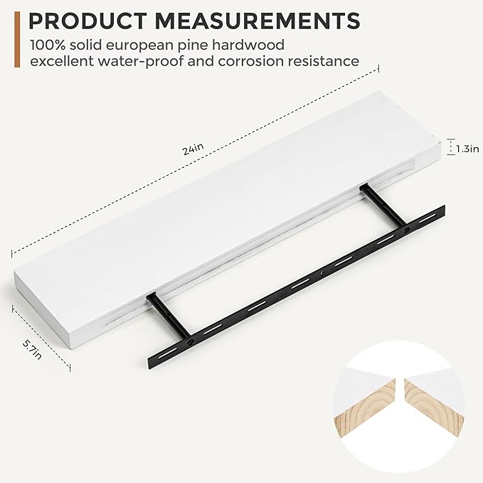 Fun Memories Handcrafted European Pine Floating Shelves - Natural Rustic Wooden Wall Shelf Set of 2-24 Inch Storage Shelf Display Shelf for Kitchen Bathroom Living Room Bedroom Farmhouse - White