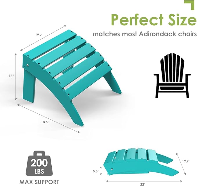 GREENVINES Adirondack-Ottoman | HDPE Plastic | Outdoor Footrest | All Weather | Foot Rest | Foot Stool | Aqua | for Adirondack Chair | for Patio Backyard Pool