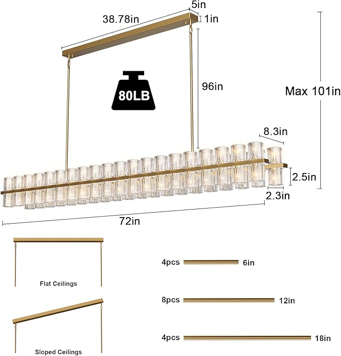 Crystal Brass Rectangular Chandelier Light Fixture,72 in Dining Room Chandeliers Over Table,Modern Chandelier For Living Room,Arcachon Chandeliers,Kitchen Island Chandelier,Includes 80xG4 Bulbs