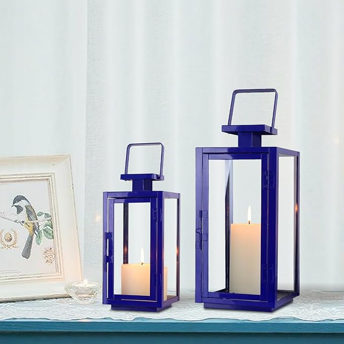 DECORKEY Lantern Decorative Outdoor&Indoor, 17''&13'' Set of 2 Blue Metal Candle Lanterns Decor, Modern Hanging/Tabletop Candle Holders for Home Porch Patio Wedding Christmas Fall Decorations