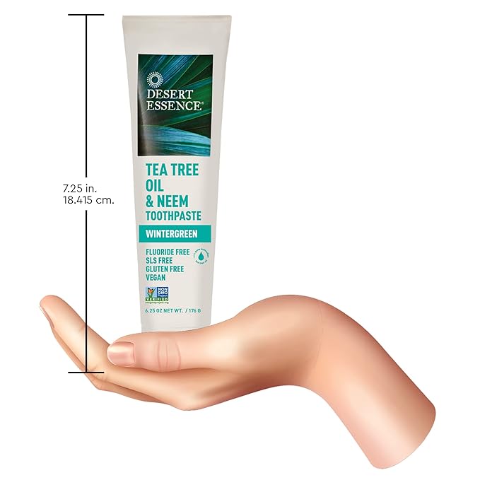 Desert Essence Tea Tree Oil & Neem Toothpaste - Fluoride-Free, Gluten-Free, SLS Free Formula - Vegan, Herbal Toothpaste for Plaque Reduction - Wintergreen Flavor, 6.25 oz