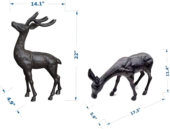 Elegant Pair of Cast Iron Deer Sculptures -22" and 11.4" Tall Male and Female Set for Outdoor Garden Decor, Realistic Animal Statues HC3672-5691