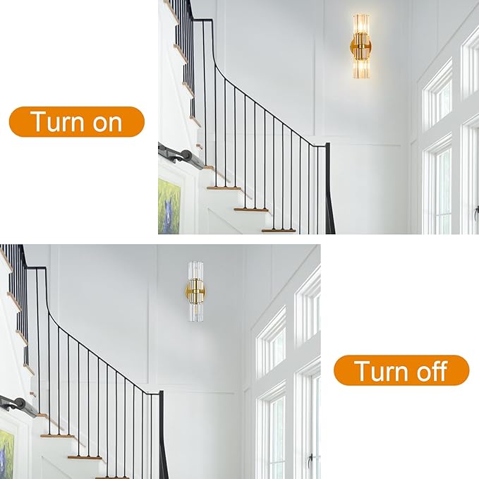 Gold Crystal Wall Sconces Set of Two, Wall Sconce Set of 2, Brass Sconces Wall Lighting with K9 Crystal Lampshade, Wall Lights for Bedroom Living Room Bathroom Hallway