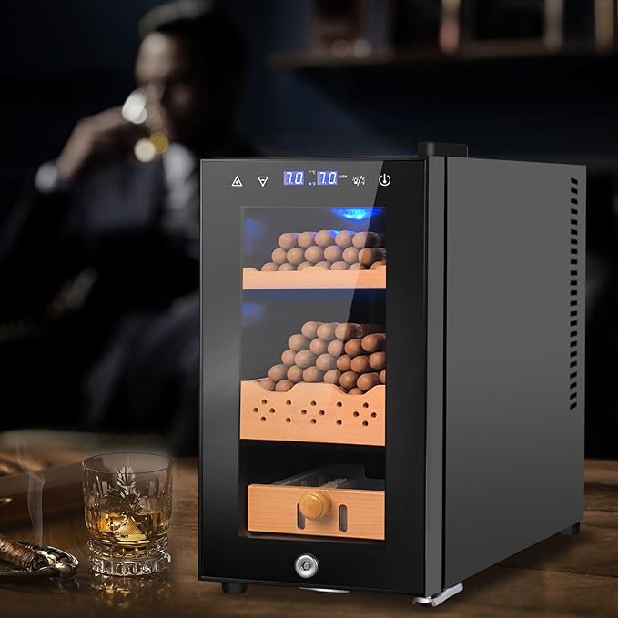 Electric Cigar Humidor, 25L 200 Counts Large Capacity,Thermostatic Electric Cooler Cabinet with Digital LED Screen, Safety Lock,Smart Humidity & Temp Control, Gifts for Men