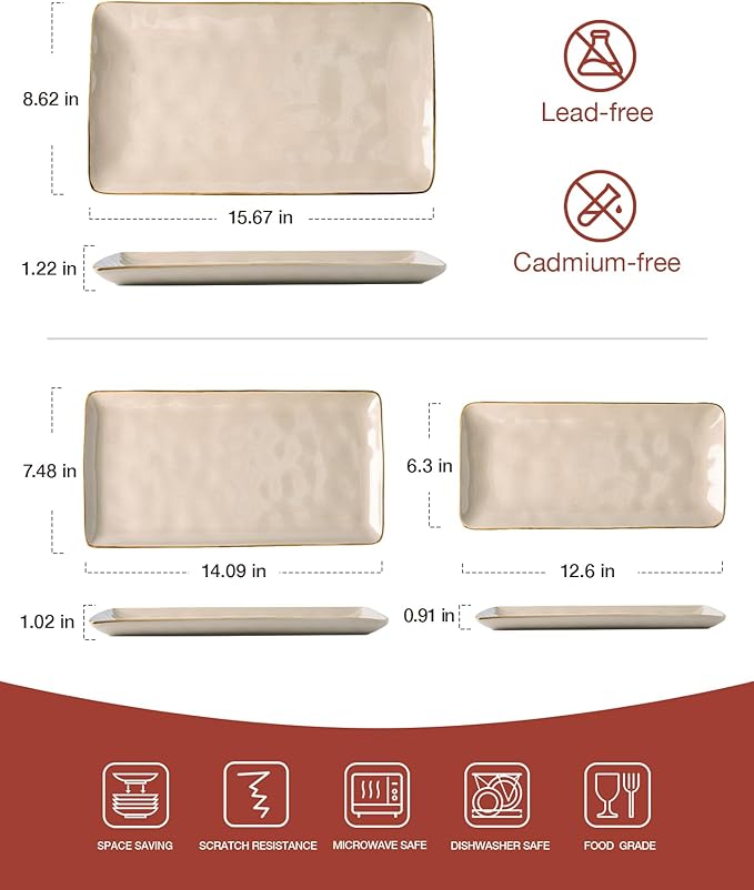 famiware Serving Platter, Rectangular 15.67/14.1/12.6 inch Serving Dishes for Entertaining, Microwave Dishwasher Safe, Stonware Serving Trays for Party, Turkey, Cheese, Ocean Series, Cinnamon Brown