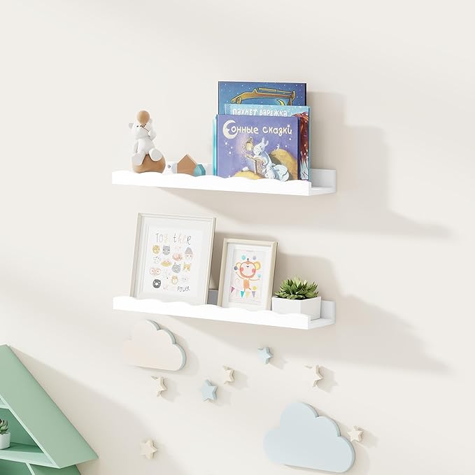 Fun Memories Picture Ledge Shelf for Wall, 24 inch Pine Wood Nursery Book Shelves Set of 2- Wall Book Shelves for Kids Room, Home Decor - Kitchen Spice-White