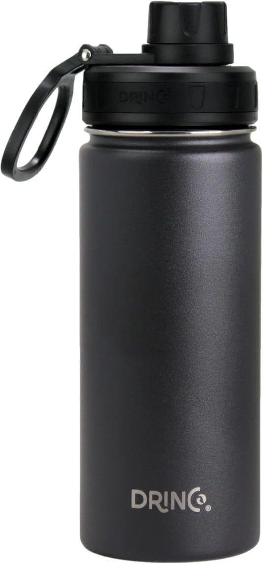 DRINCO Stainless Steel Water Bottle Spout Lid Vacuum Insulated Double Wall Water Bottle Wide Mouth (40oz 32oz 22oz 18oz 14oz) Leak Proof Keeps Cold or Hot (18 oz, 18oz Black)