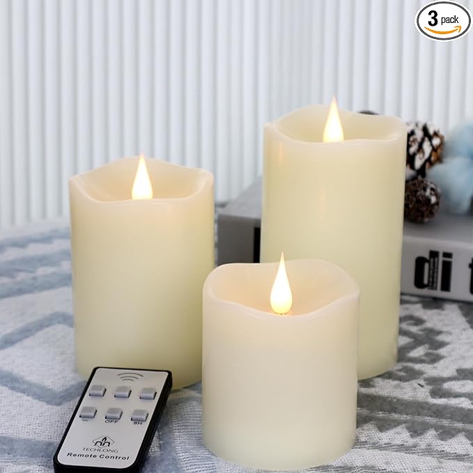 Flameless Candles Battery Operated with Remote Timer, 3D Moving Flame Flickering, Last 600+ Hours Battery Candles, Set of 3 Ivory Real Wax Electric LED Candle for Wedding Party Decor