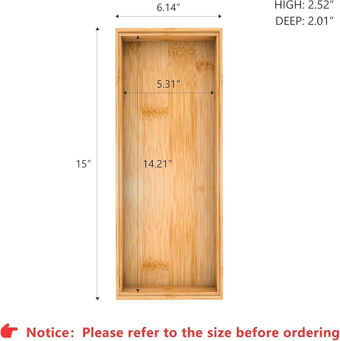 Drawer Organizer Storage Box Kitchen - Wood Stackable Tray Utensil Organizer for Office Drawers,Cabinets,Shelves,Pantry,or Bathroom Counter,Drawer Dividers for Silverware Set of 2（15x6x2.5inch）